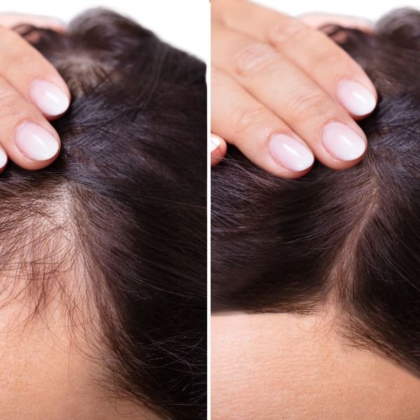 Before and after scalp close-up showing hair thinning treatment